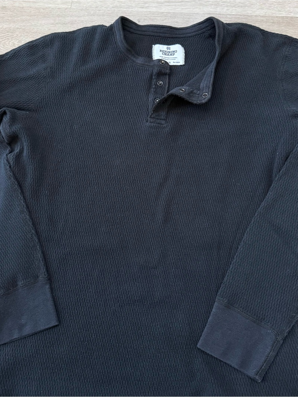 Reigning Champ Made In Canada Henley Men's Large 100% Cotton Waffle Knit Black
